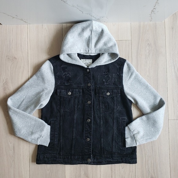 Ashley Vintage Charm Denim Jacket Womens XL Black Thrashed Jean Hooded Shacket - Picture 1 of 7